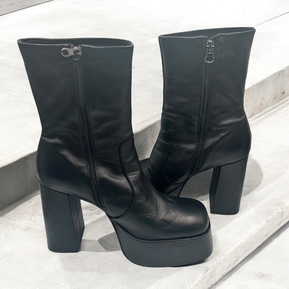 Y2K L’Intervalle Black Leather Platform Ankle Boots Sz 41 - Picture 2 of 14